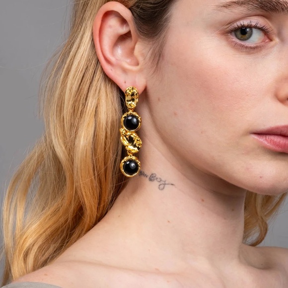 ALEXIS BITTAR • Brut Black Onyx Gold Coin Linear Post Drop Earrings - Picture 7 of 13